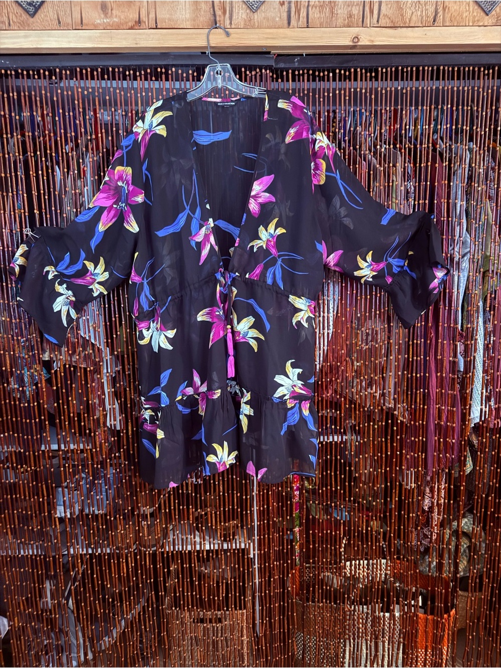 Floral Tie-Front Black Kimono Top/ Beach Cover-Up - Black & Pink & Blue Flowers